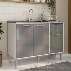 Balcão De Cozinha Gabinete Pia 105cm 3 Portas 1 Gaveta Siena Multimóveis MP2190 Branco/lacca Fumê