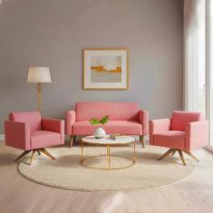 Namoradeira e 2 Poltronas Marisa Giratória Madeira Suede Rosê D03 - D'