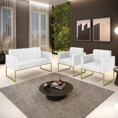 Kit 1 Sofá Namoradeira e 2 Poltronas Elisa material sintético Base Met