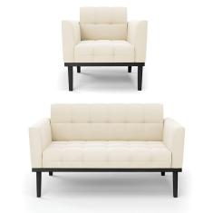 Sofá Namoradeira E Poltrona Base De Madeira Preto Elisa Veludo D03 - D'rossi Cor Bege