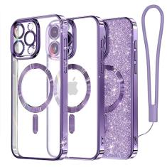 Meifigno Capa da série Candy Mag projetada para iPhone 15 Pro, [compatível com MagSafe] [cartão de glitter e alça de pulso] Proteção total da lente da câmera projetada para iPhone 15 Pro, mulheres e