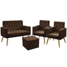 Kit Poltrona Namoradeira e 2 Poltronas Decorativas Vega Rodapé com Puf