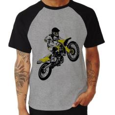 Camiseta Raglan Motocross Jump - Foca na Moda, Cinza, Preto, G