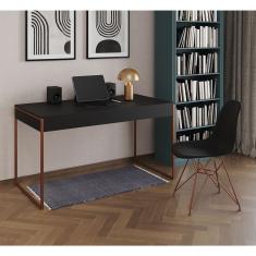 Escrivaninha Industrial Escritório Preta Malta Com 1 Cadeira Eames Eiffel Preta Base Cobre Marrom