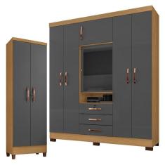 Guarda Roupa Casal Imperial Com Armário Multiuso Egito Carvalho Americano Grafite - Incorplac