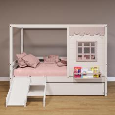 Bicama Casinha Reta Com Escorregador Madeira Maciça Branco- Rosa Housin