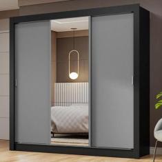 Guarda-Roupa Casal 3 Portas de Correr com Espelho Preto/Cinza Nobre Ma