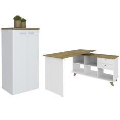 Mesa Escrivaninha Em L Golden E Armário Alto 2 Portas Tok A06 Olmo-branco - Mpozenato