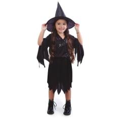 Fantasia Bruxa Halloween Infantil Menina Vestido Preto Clássico e Chap