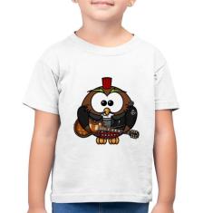 Camiseta Algodão Infantil Coruja Rock Guitarra - Foca na Moda, Branco,