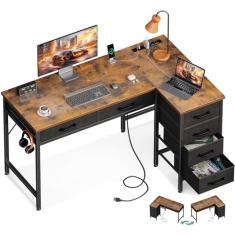 Coleshome Mesa de 106 cm em forma de L com gavetas, mesa de computador com tomadas, mesa de escritório em casa com 6 gavetas, mesa de canto reversível para espaços pequenos, mesa de trabalho de estudo