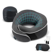 Proglobe Almofada de pescoço para viagem 100% espuma viscoelástica – Kit essencial de viagem de avião e carro com máscara 3D para os olhos, tampões de ouvido e bolsa de malha – Almofada de suporte