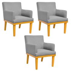 Kit 03 Poltronas Decorativas Para Sala de Estar Beatriz W01 Linho Cinza Escuro - Lyam Decor