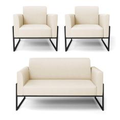 Sofá Namoradeira com 2 Poltronas Base Industrial Alta Preto Marisa Linho D03 - D`Rossi