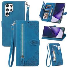 Furiet Capa carteira compatível com Samsung Galaxy S22 Ultra 5G com alça de pulso e suporte de cartão flip de couro, acessórios de celular, capa para celular S22ultra 22S S 22 S22ultra5g feminina azul