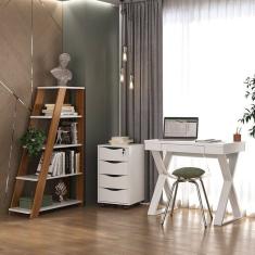 Conjunto Home Office Escrivaninha Gaveteiro com 4 Gavetas e Estante Organizadora Veneza Branco/Freijó