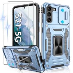 Gritup Capa para Galaxy-S21 com capa deslizante para câmera + [2 protetores de tela HD], suporte de anel giratório de metal 360°, capa protetora à prova de choque de grau militar para Samsung Galaxy