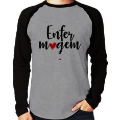 Camiseta Raglan Enfermagem por amor Manga Longa - Foca na Moda, Cinza,