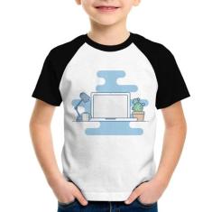Camiseta Raglan Infantil Laptop - Foca na Moda, Branco, Preto, 14