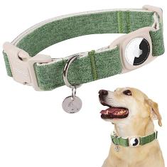 DOGWONG Coleira de algodão e cânhamo AirTag, coleira resistente com suporte para AirTag, tecido natural verde, para cães pequenos, médios e grandes