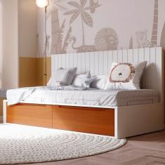 Cama Infantil Com Gavetas E Encosto Sambalelê Divicar Mel Branco