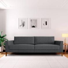 Sofá 3 Lugares 210cm Break Estilo Moderno Linho Pés em Madeira Maciça Cinza Claro/Cinza Cinza