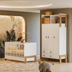 Quarto de Bebê Fantasia com Roupeiro 4375 e Berço Mini Cama 4300 Qmovi Branco Acetinado