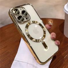 Capa protetora de lente completa de TPU macia revestida para iPhone 15 14 13 12 11 Pro Max Plus Capa transparente de carregamento magnético sem fio, dourada, para iPhone 12 Pro