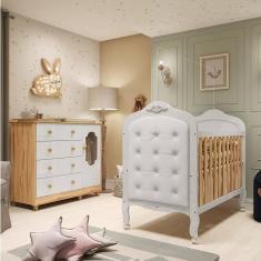Quarto de Bebê Berço com Capitonê e Cômoda 4 Gavetas 100% MDF Maya Provençal Espresso Móveis Branco Brilho/Amêndoa/Branco