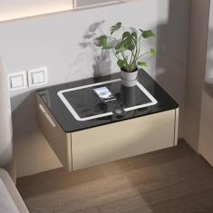 Mesa de cabeceira montada na parede para quarto, mesa de cabeceira com estação de carregamento, 1 gaveta, mesa lateral moderna branca LED, mesa de cabeceira adorneve, mesa de cabeceira fina