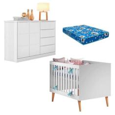 Berço Americano Ludmila Com Cômoda Blenda Branco Acetinado E Colchão -