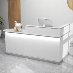 Mesa de recepção moderna com luzes e gavetas trancáveis, balcão de caixa em L, mesa de recepção de computador de madeira, mesa de recepção pequena, para escritório de checkout, salão de beleza/saguão,