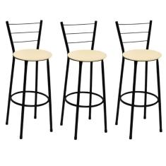 Kit 3 Banquetas Altas Preta com Encosto Assento Bege