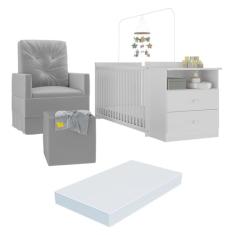 Berço Cômoda com Colchão, Poltrona de Amamentação e Puff Meu Bebê Multimóveis Mp4102 Branco/cinza