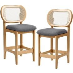 Kit 2 Banquetas Baixa Bar Cozinha Sala De Jantar Betta L02 Tela Linho Cinza Escuro - Lyam Decor