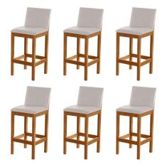 Kit 6 Banquetas Alta Pérola com Encosto Estofado Linho Bege Madeira Maciça Castanho