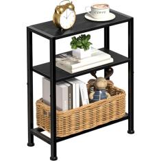 Mesa lateral estreita para espaços pequenos, mesa de canto pequena de 2 camadas com suporte de prateleira, mesa de cabeceira fina, mesa de sofá de lanche skinny na sala de estar, quarto, escritório,