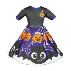 Fantasia Bruxa Infantil de Halloween Vestido Com Morcegos e Aboboras -