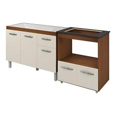 Armário Gabinete pia de 120 cm com Balcão Cooktop 4 Bocas e Forno Savana frente Off-White