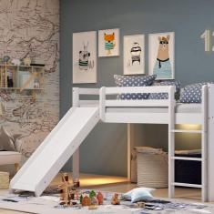 Cama Alta Kids com Escorregador em Madeira Maciça/MDF Branco