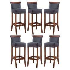 Kit 6 Banquetas Alta com Encosto Estofado Diamantina em Madeira Maciça Imbuia Linho Cinza L67 RMI