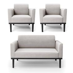 Sofá Namoradeira Com 2 Poltronas Base De Madeira Fixa Preto Marisa Veludo Cinza D03 - D`Rossi