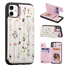 UEEBAI Capa carteira para iPhone 11 de 6,1 polegadas com porta-cartões, capa de couro PU com suporte e bloqueio de RFID, fecho magnético duplo, flor Rilievo, capa flip à prova de choque para mulheres