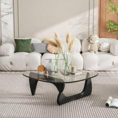 Mesa de centro moderna de meados do século – mesa de centro triangular com base de madeira natural com tampo de vidro triangular para sala de estar, pátio, escritório, mesas de canto abstratas