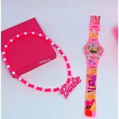 Kit Relógio Infantil Digital Pisca Luz Led Colorido Princesas + Colar Miçangas com Pingente 3D Personagens Disney Moda