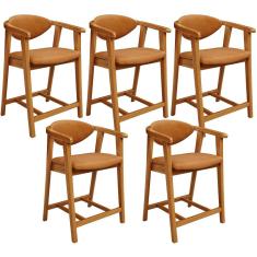 Kit 5 Banquetas Baixa Cecília L02 Moderno Madeira Maciça Assento Estofado Canela Lyam Decor