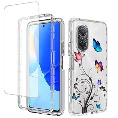 Ueokeird Capa para Nova 9 SE/Honor 50 SE JLN-LX1 JLN-LX3 Capa com protetor de tela de vidro temperado, capa protetora de corpo inteiro com estampa de borboleta transparente para Huawei Nova 9 SE