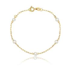 Pulseira Infantil Bebê de Pérolas Naturais Em Ouro 18k Com Regulagem -