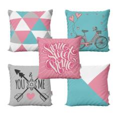 Capas De Almofadas Decorativas Home Rose, Cinza E Azul Bike - Novadeco