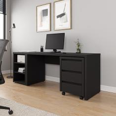 Mesa De Escritório 150cm Com Gaveteiro Com Rodízio E Prateleiras Ficus Cabecasa Madeiramadeira Preto